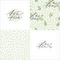 Vector seamless patterns with green leaves and tea theme calligraphy cards set. Tea time and Love tea words by hand Royalty Free Stock Photo