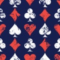 Vector seamless patterns with icons of playings cards. Creative geometric blue, red, white grunge backgrounds.