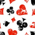 Vector seamless patterns with icons of playings cards. Creative geometric red, black, white grunge backgrounds