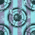 Vector seamless patterns with mechanism of watch. Creative geometric blue grunge backgrounds with gear wheel. Royalty Free Stock Photo