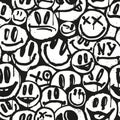 Vector seamless patterns. Trendy endless unique wallpaper with graffiti happy emoji sprayed in black and white