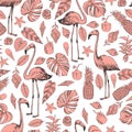 Vector seamless pink pattern with flamingo, tropical plants an Royalty Free Stock Photo