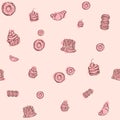 Vector seamless pink pattern with hand drawn delicious cupcakes and donuts