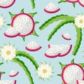 Vector seamless pitaya pattern. Dragon fruit on a light background. Bright juicy tropical fruits, leaves, flowers. Royalty Free Stock Photo