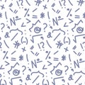 Vector seamless punctuation pattern. Hand-drawn scribbles with a blue pen. Question mark, Exclamation mark, Brackets Royalty Free Stock Photo