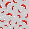 Vector seamless red Santas hats pattern with snowflakes on gray backdrop. christmas or holiday winter background. Santa cap Royalty Free Stock Photo