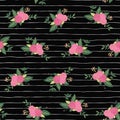 Vector Seamless Repeat Flower Bouquets On Black And White Stripes Pattern Background. Pink Abstract Roses And Foilage On Hand