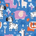 Vector seamless repeating color baby pattern with cute animals on white background. Pattern for kids with elephant Royalty Free Stock Photo