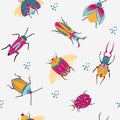 Vector seamless repeating pattern with hand drawn bugs