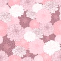 Vector seamless repeating pattern hand drawn chrysanthemum flowers in pastel pink, plum, white colors