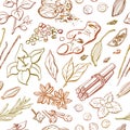 Vector seamless repetitive pattern of spices and herbs.