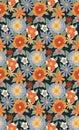 Vector seamless retro pattern with bouquet groovy flowers. Ditsy hippie texture with different flowers on dark blue background Royalty Free Stock Photo