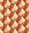 Vector seamless retro pattern with dense groovy flowers. Ditsy hippie texture with different beige and coral flowers