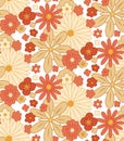 Vector seamless retro pattern with dense groovy flowers. Ditsy hippie texture with different beige and coral flowers on white