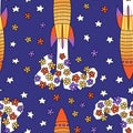 Vector seamless retro pattern with flower-fuelled rockets taking off into space