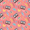 vector seamless retro pattern in 90s style with hand drawn cassette tapes, hearts, ufo, aliens. Royalty Free Stock Photo