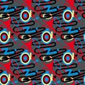 Vector Seamless Retro 80`s Jumble Geometric Line Shapes Blue Red Color Hipster Pattern on Grey Abstract Background