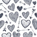 Vector seamless romantic pattern. Hearts and arrows love background, doodle hand drawn style. Use for packaging Royalty Free Stock Photo