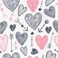 Vector seamless romantic pattern. Hearts and arrows love background, doodle hand drawn style. Use for packaging Royalty Free Stock Photo