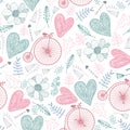 Vector seamless romantic pattern. Hearts, florals, vintage bicycles spring, summer, wedding background. Royalty Free Stock Photo