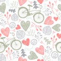Vector seamless romantic pattern. Hearts, florals, vintage bicycles spring, summer, wedding background. Royalty Free Stock Photo