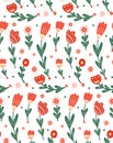 Vector seamless rustic floral pattern. Texture with flower with folk art. Wallpaper with tulips with naive decorations