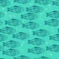 Vector seamless scales pattern with hand draw blue fishes