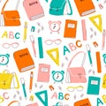 Vector Seamless School Pattern with Books, Backpacks, Pens and Pencils. Royalty Free Stock Photo