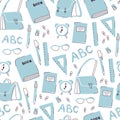 Vector Seamless School Pattern with Books, Backpacks, Pens and Pencils. Royalty Free Stock Photo
