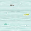 Vector seamless sea pattern with blue and white horisontal lines and fishes