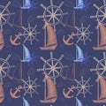 Vector Seamless Sea Pattern With Ships, Ship`s Wheel, Anchor. Cartoon Print. Vector Illustration.
