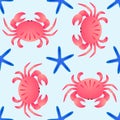 Vector seamless sea theme pattern. Crabs and sea stars on blue background