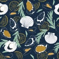 Vector seamless seafood pattern with clams on deep blue background.