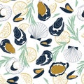 Vector seamless seafood pattern with clams on white background.