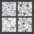 Vector seamless set of bike patterns, doodle balck and white. Retro, road, female, dirt and other bikes. Vintage bicycle Royalty Free Stock Photo