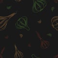 Vector seamless silhouette pattern of garlic heads and chili peppers in a black background. For printing on fabric