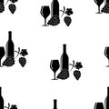 Vector seamless silhouette pattern of grapes, wine glass and bottle on a white background. Good for printing on fabric