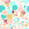 Vector seamless sparkle pattern with turquoise, pink foil and gold glitter circles Royalty Free Stock Photo