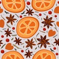 Vector seamless spicy pattern with slices of orange, seeds of cinnamon, cranberries and dry leaves of tea.