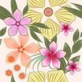 Vector seamless spring floral pattern in pastel colors on a light background of pink and yellow flowers with green leaves Royalty Free Stock Photo