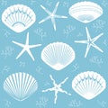 Vector seamless starfish and shells on a blue background, suitable for printing on various surfaces and textile products