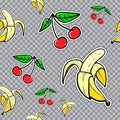 Vector seamless sticker pattern with bananas and cherries.