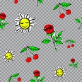 Vector seamless sticker pattern with cherries, sun and flower.