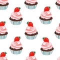 Vector seamless strawberry cupcake, cake, muffin print, pattern,background. Soft pink and blue colors. Royalty Free Stock Photo