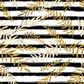 Vector Seamless Striped Tropical Pattern With Gold Leaves. Golden And White Palm Leaf On Black Stripes Background.