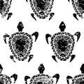 Vector seamless summer grunge pattern. Hand drawn black turtle i Royalty Free Stock Photo