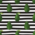 Vector seamless summer pattern with avocadoes on black and white striped background