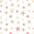 Vector seamless summer pattern. Cartoon starfish and underwater shells. Wallpaper on the theme of a summer beach holiday Royalty Free Stock Photo