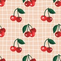 Vector seamless summer pattern with cherries on retro geometry background