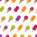 Vector seamless summer pattern with colorful cones ice cream and ice lolly. Royalty Free Stock Photo